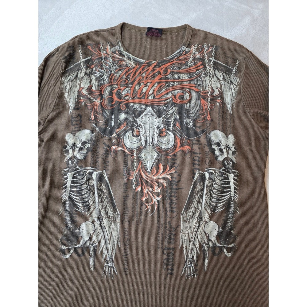 Vintage Y2K MMA Elite Shirt Mens XL Waffle Knit Thermal Long Sleeve Skull Wings